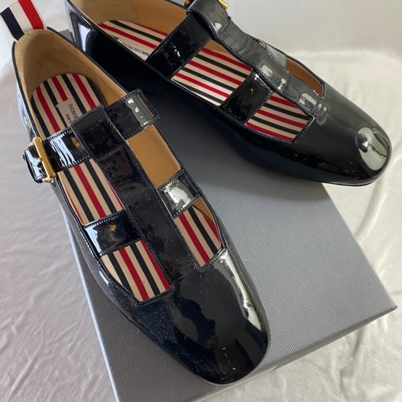 Thom Browne Black Soft Patent Calfskin T-bar Mary Jane Flat - Picture 2 of 6